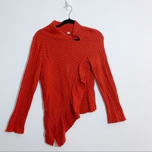Anthropologie Knitted & Knotted Red Asymmetrical Ruffle Sweater | Size Small